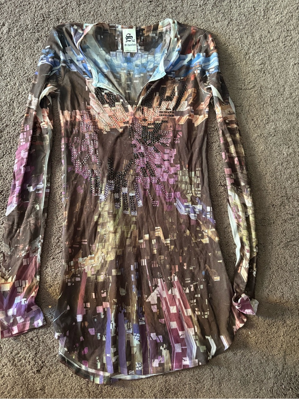 S-Twelve Abstract Beaded V-Neck Tunic in Brown, Blue & Cream
